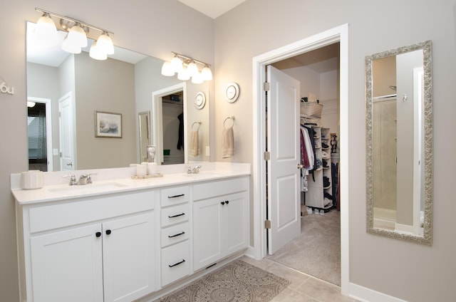 19266 Hunters Pl, Rogers, MN 55374 - full bath with double vanity, a shower stall, a spacious closet, and tile patterned flooring