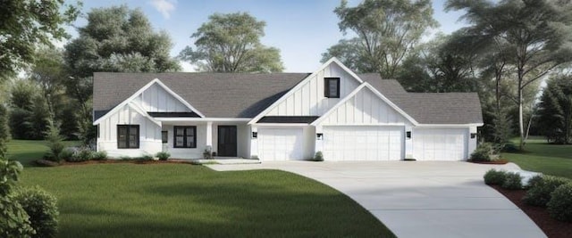 modern inspired farmhouse with a garage and a front yard