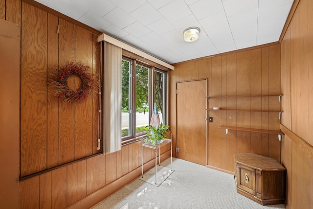 foyer entrance featuring wooden walls and light carpet