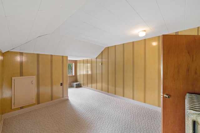 additional living space featuring wood walls, radiator, and carpet