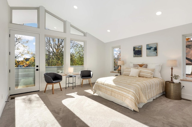 bedroom featuring high vaulted ceiling, carpet floors, access to outside, and multiple windows