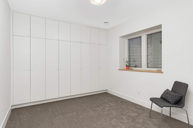 interior space featuring dark colored carpet