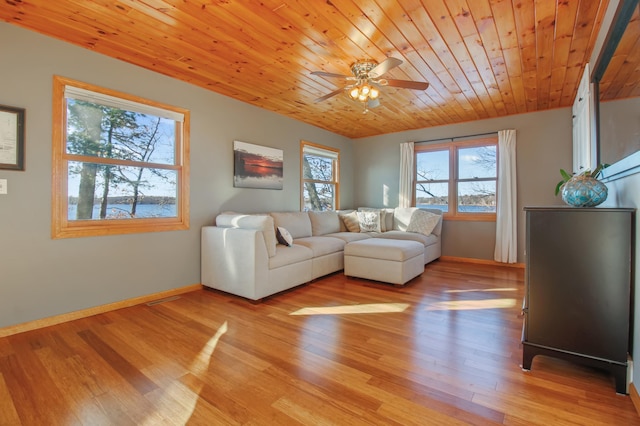 unfurnished living room featuring ceiling fan, baseboards, light wood-style floors, and wooden ceiling