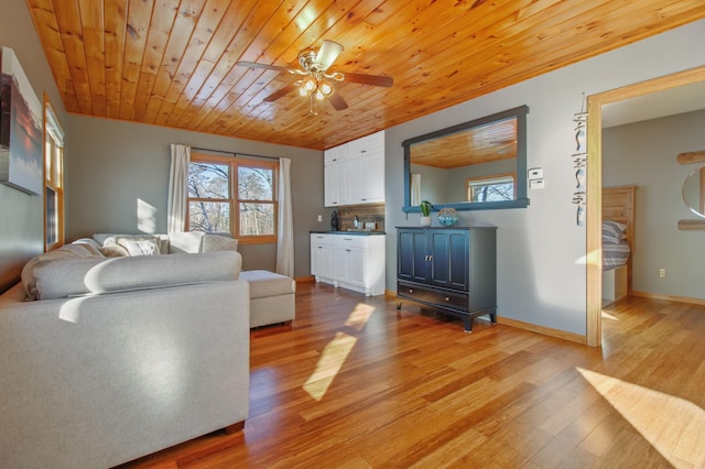 living area featuring plenty of natural light, wood ceiling, and light wood-style flooring