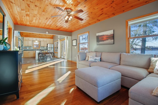 living area with wooden ceiling, ceiling fan, and wood finished floors