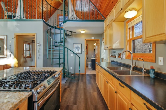 kitchen featuring dark countertops, baseboards, dark wood-style floors, gas stove, and a sink