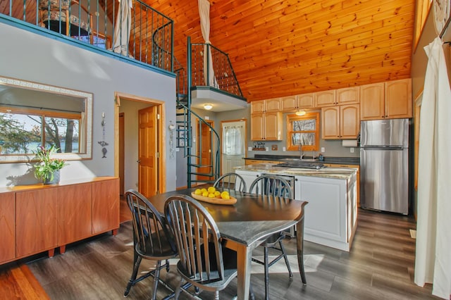 dining area with stairs, wood ceiling, dark wood finished floors, and high vaulted ceiling