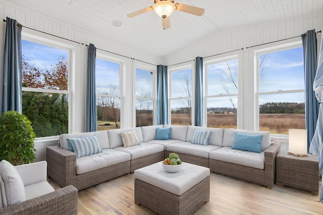 sunroom / solarium featuring ceiling fan, vaulted ceiling, and wooden ceiling