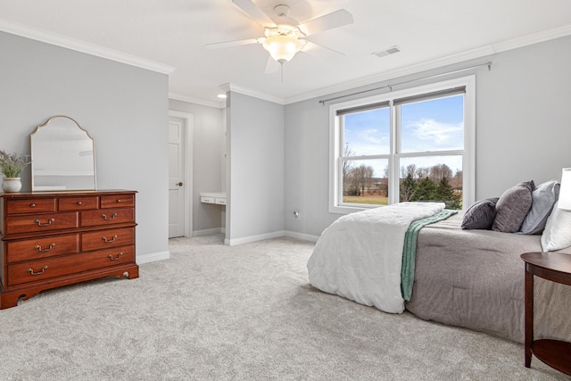 bedroom with light colored carpet, ceiling fan, and crown molding