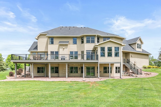 back of house with a deck and a lawn