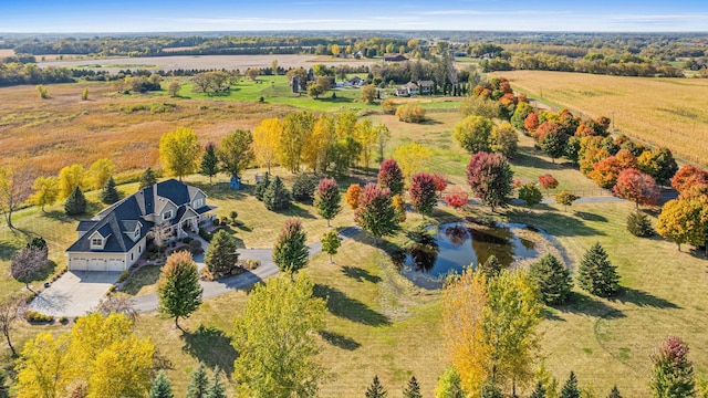 aerial view featuring a water view and a rural view