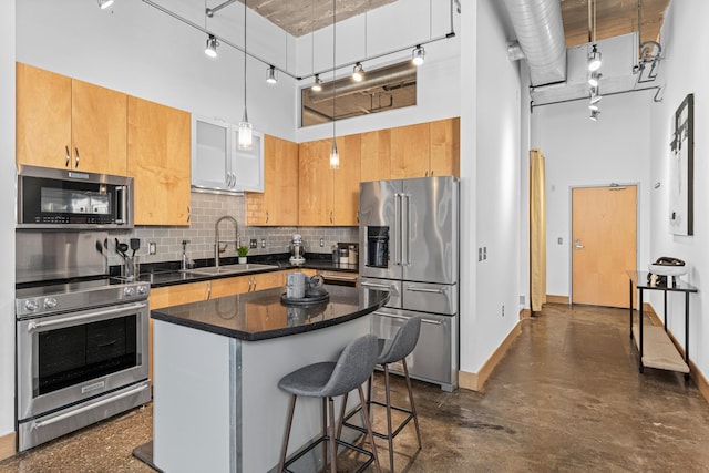 kitchen with a high ceiling, appliances with stainless steel finishes, sink, and hanging light fixtures