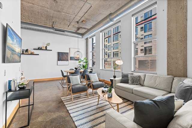 living room with concrete floors