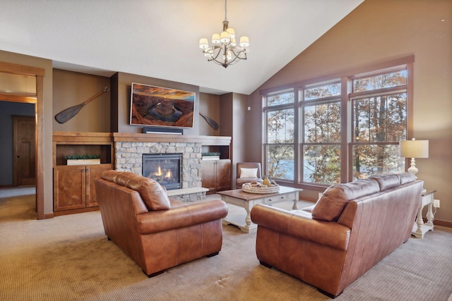 carpeted living room with high vaulted ceiling, a chandelier, and a fireplace