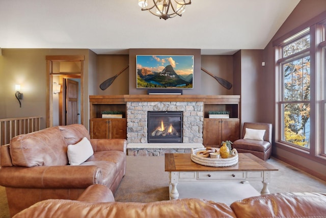 living room featuring a fireplace, lofted ceiling, and light carpet