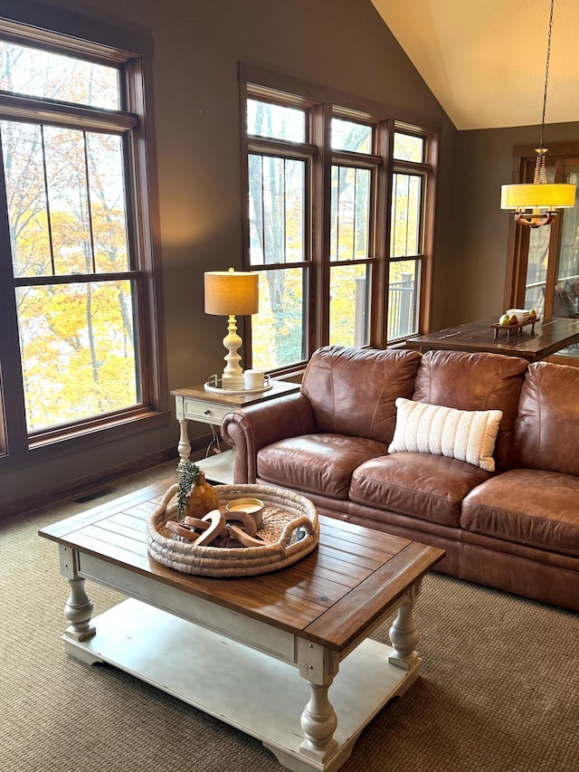 living room featuring a wealth of natural light, lofted ceiling, and carpet floors