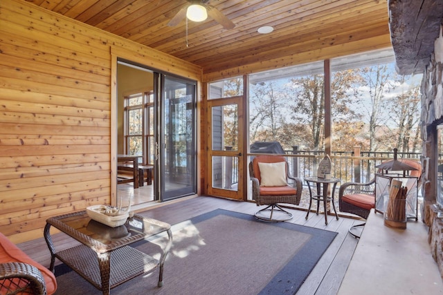 sunroom / solarium featuring ceiling fan and wooden ceiling