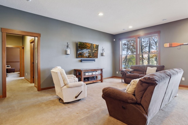 living room with light colored carpet