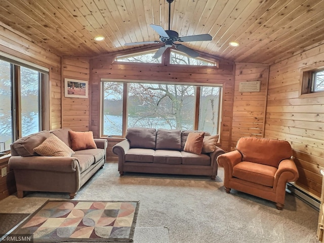 carpeted living room with wooden ceiling, a water view, a baseboard heating unit, wooden walls, and vaulted ceiling