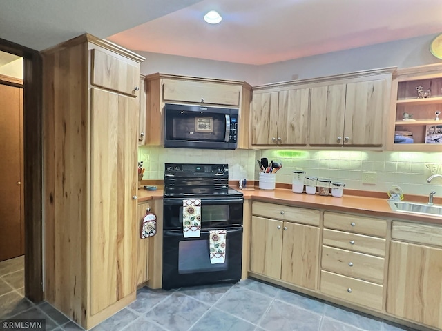 8834 Bishop Ave NW, Maple Lake, MN 55358 - kitchen featuring range with two ovens, light brown cabinets, a sink, and backsplash