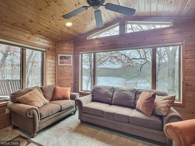 8834 Bishop Ave NW, Maple Lake, MN 55358 - carpeted living area with wood walls, wood ceiling, ceiling fan, lofted ceiling, and a water view