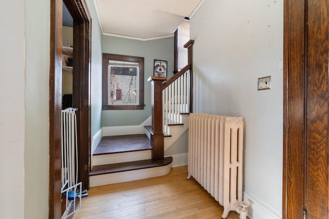 stairs featuring crown molding, wood-type flooring, and radiator