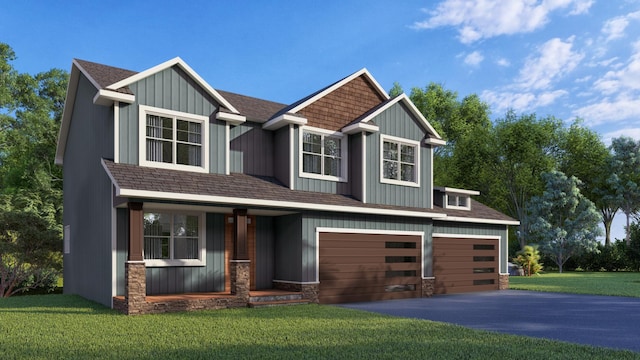 craftsman inspired home featuring driveway, a garage, a porch, and a front yard