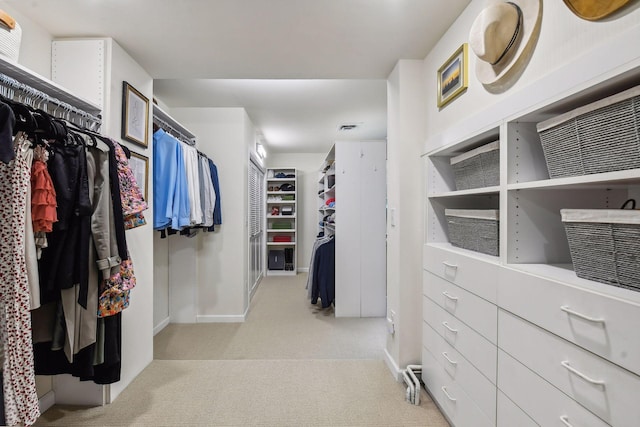 walk in closet with light carpet