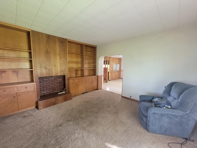5330 500th St, Kenyon Twp, MN 55946 - unfurnished living room featuring arched walkways, carpet flooring, and built in shelves