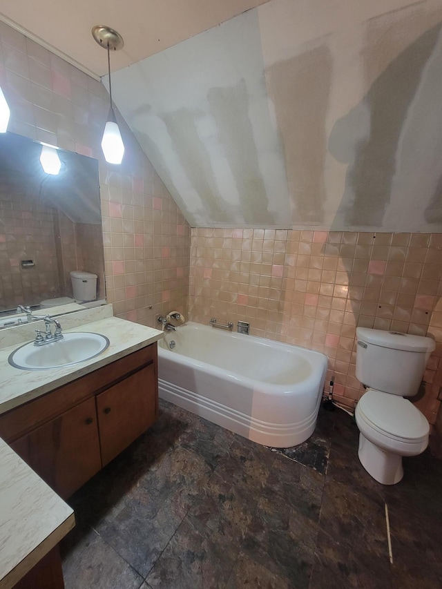 5330 500th St, Kenyon Twp, MN 55946 - full bathroom featuring tile walls, a bath, vanity, and lofted ceiling
