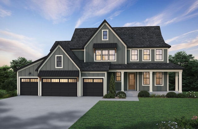 modern inspired farmhouse with an attached garage, a shingled roof, driveway, a lawn, and board and batten siding