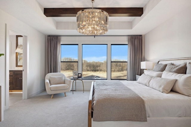 carpeted bedroom with beamed ceiling, multiple windows, and a notable chandelier