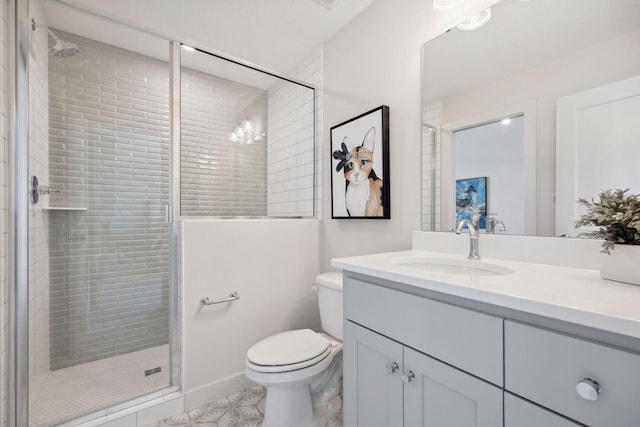 bathroom with toilet, a stall shower, and vanity