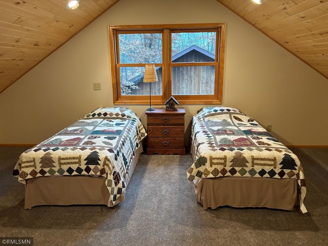 bedroom featuring lofted ceiling, carpet floors, and wooden ceiling