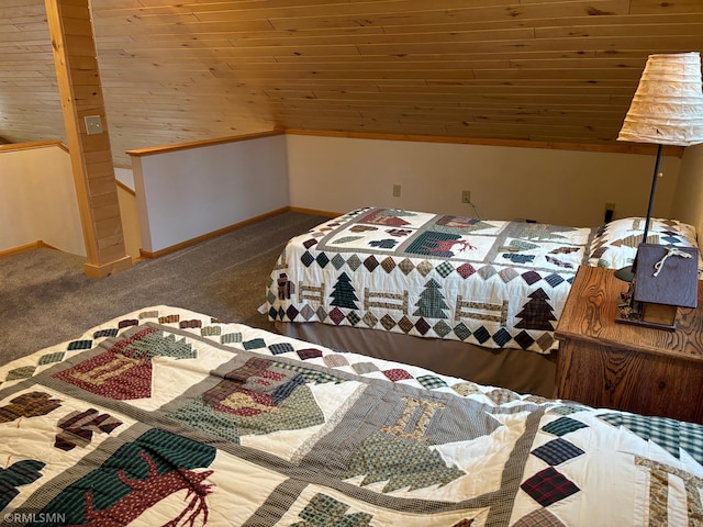 bedroom with lofted ceiling, wooden ceiling, and carpet flooring