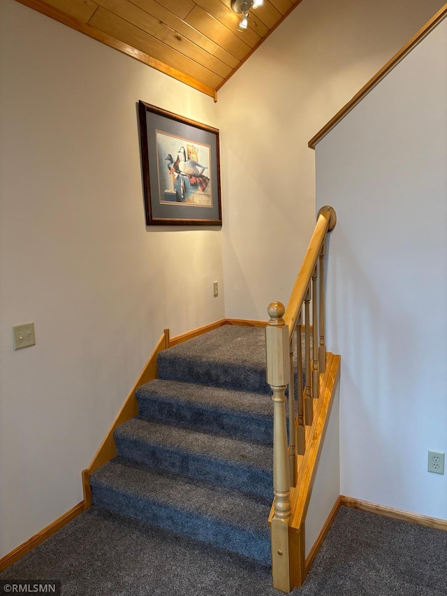 stairs featuring carpet flooring and wooden ceiling