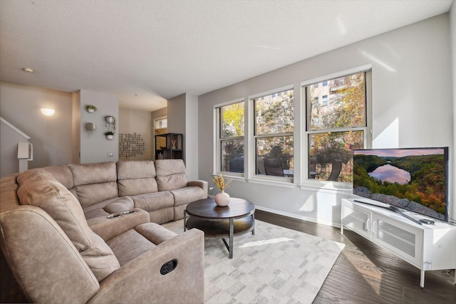 living room with hardwood / wood-style floors and a textured ceiling