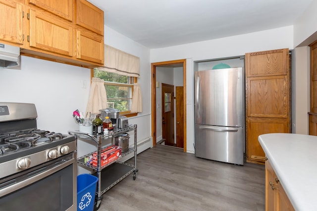 kitchen with appliances with stainless steel finishes and light hardwood / wood-style floors