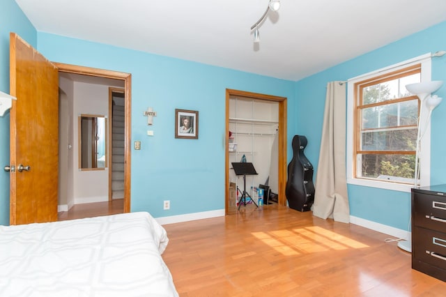 bedroom featuring light hardwood / wood-style floors, a spacious closet, and a closet