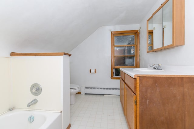 full bathroom featuring a baseboard radiator, tub / shower combination, lofted ceiling, toilet, and vanity