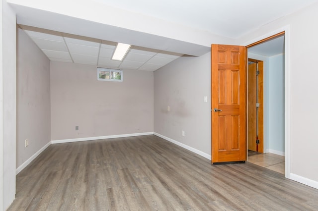 basement featuring hardwood / wood-style floors and a drop ceiling