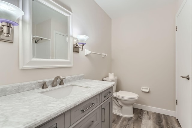 bathroom featuring vanity, wood-type flooring, and toilet