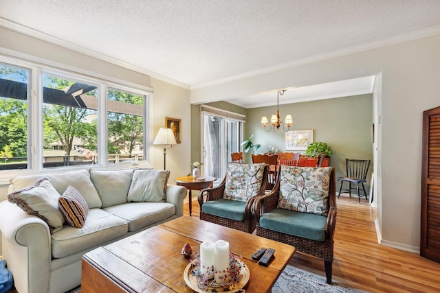 living room with an inviting chandelier, crown molding, a textured ceiling, and light wood-type flooring