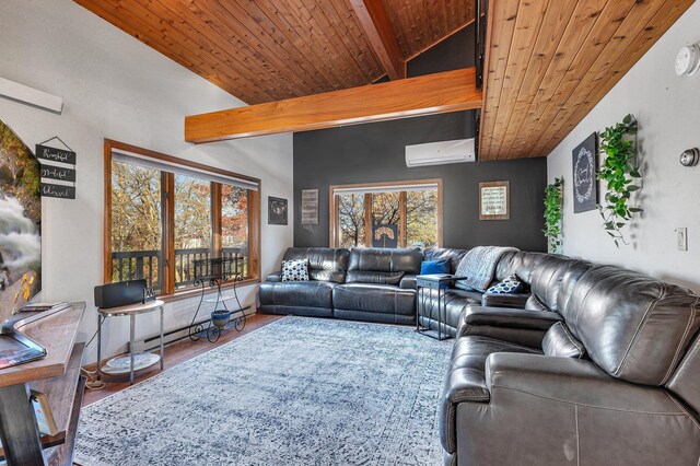 living room featuring a baseboard radiator, vaulted ceiling with beams, wood ceiling, hardwood / wood-style flooring, and a wall mounted air conditioner