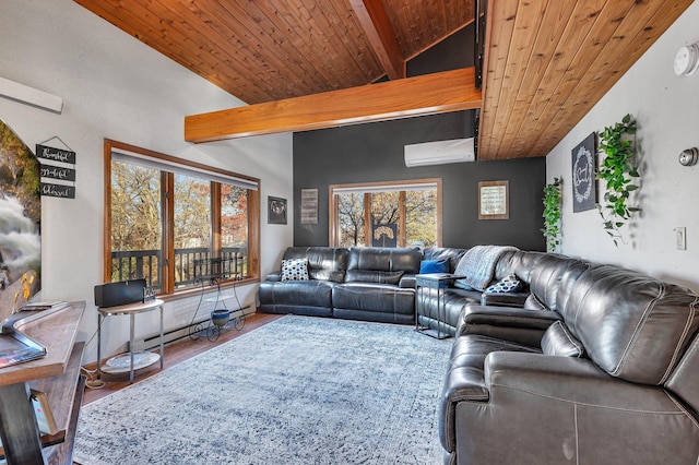 16568 Maplewood Rd, Wakefield Twp, MN 56320 - living room featuring an AC wall unit, wood ceiling with exposed beams, and wood finished floors