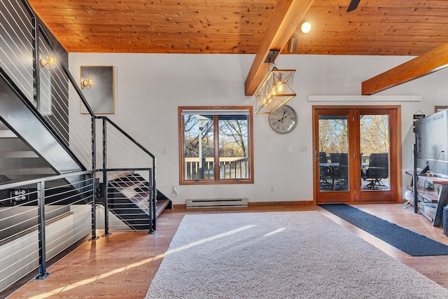 16568 Maplewood Rd, Wakefield Twp, MN 56320 - entrance foyer featuring a baseboard heating unit, wood finished floors, wooden ceiling with exposed beams, stairway, and baseboards