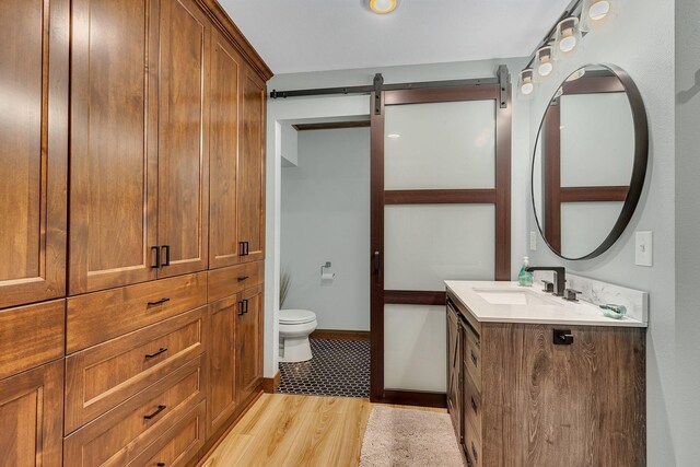 bathroom with wood-type flooring, toilet, and vanity