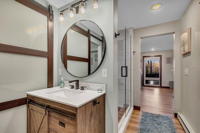 bathroom with vanity, hardwood / wood-style flooring, a baseboard radiator, and walk in shower