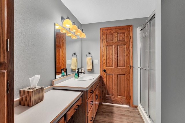 16568 Maplewood Rd, Wakefield Twp, MN 56320 - bathroom featuring wood finished floors, vanity, an enclosed shower, and a textured wall