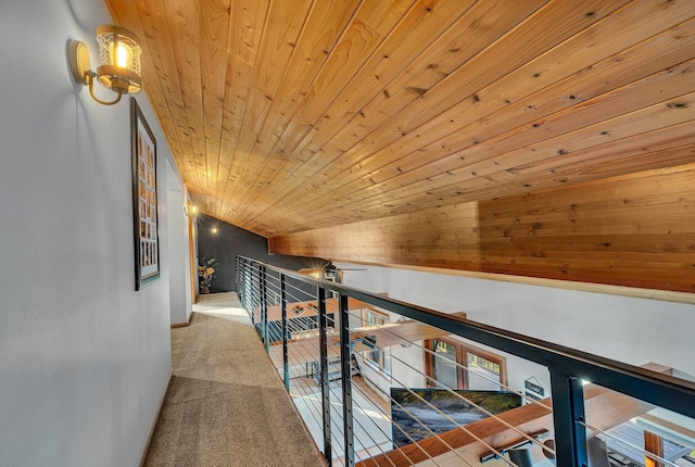 16568 Maplewood Rd, Wakefield Twp, MN 56320 - hall with carpet, wooden ceiling, and an upstairs landing